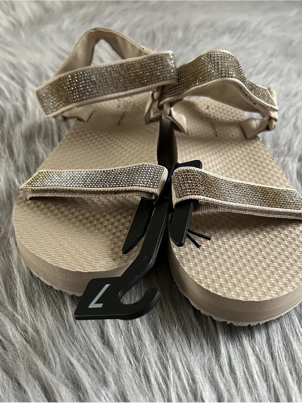Time and Tru Champagne Glitter Strap Sandals with Cushioned Footbed